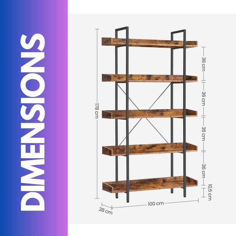 Industrial 5 Tier Bookcase Storage Shelf Unit Living Room Furniture