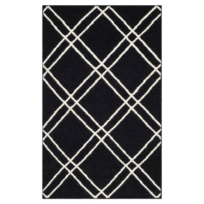 Rodgers Hand Woven Flat Weave Wool/Cotton Geometric Rug in Black/Ivory, Rectangle 3' x 5'