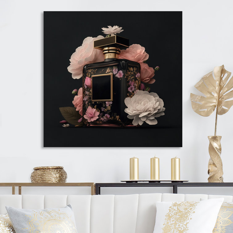 Elegant Floral Perfume Bottle II - Print on Canvas Rosdorf Park Format: Black Picture Framed , Size: 24 H x 24 W x 1 D