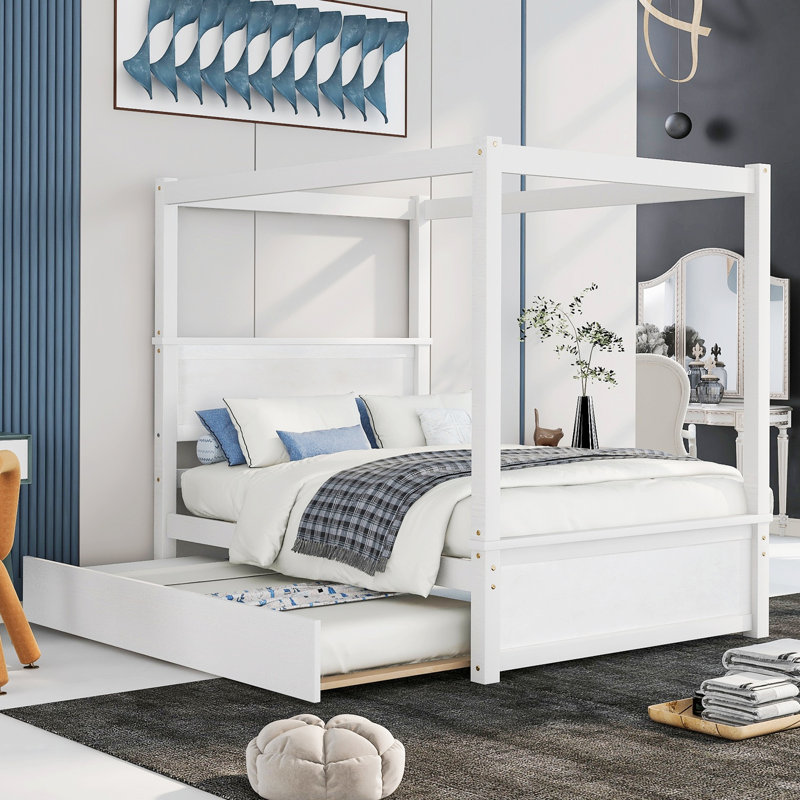 Wood Canopy Bed With Trundle Bed , Brushed White