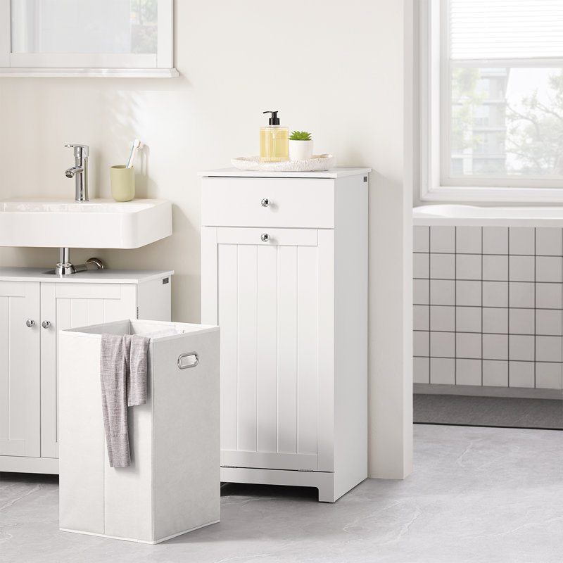 Tilt Out Laundry Hamper Cabinet, Bathroom Storage Cabinet with Drawer and Removable Basket, Freestanding Narrow Laundry Sorter for Small Spaces, White