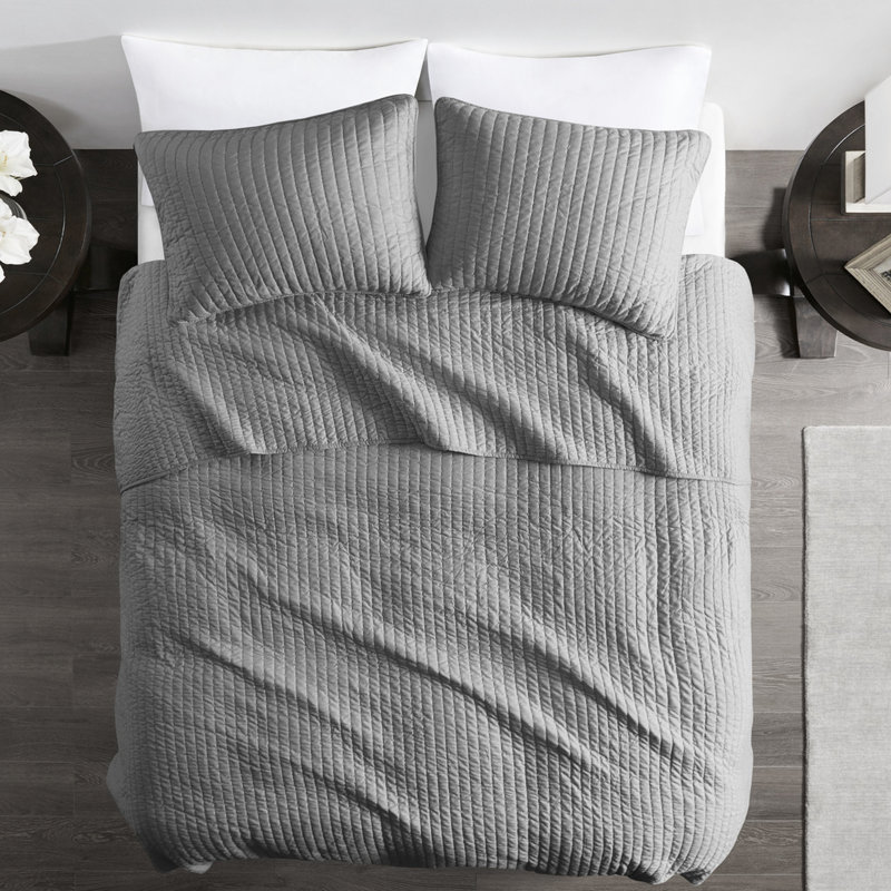 Literie courtepointe réversible grise simple / simple TG - 2 pièces, rembourrée de coton, microfibre, atténue les problèmes de sinus, réversible, allergies