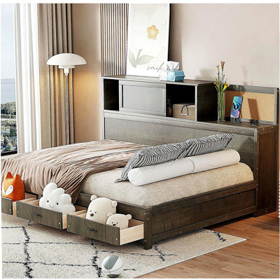 Canapé-lit en bois pleine grandeur avec 3 tiroirs de rangement, rembourrage doux supérieur, tablettes et ensemble de prises et de ports USB - Gris