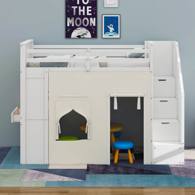 Twin Size Loft Bed With Desk And Lockers, Two Built-In Drawers, Storage Staircase And Curtain