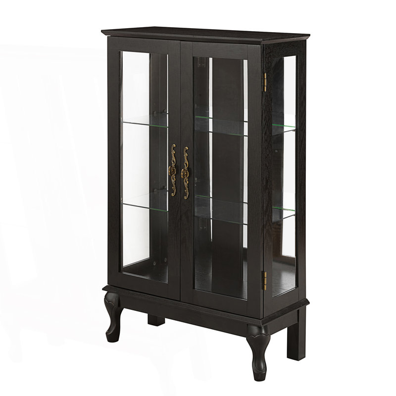 Curio Cabinet With Tempered Glass Doors, Lighted Display Cabinet With Mirrored Back Panel, Accent Cabinet, Black