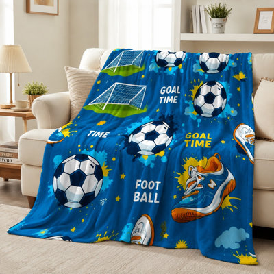 Cozy Soccer Sports Pattern Flannel Throw Blanket, Blue Football Game‑Themed Print, Ultra Soft, Lightweight, Breathable, All‑Season, Skin‑Friendly, Machine Washable, Decorative, for Sofa, Couch, Living Room and Bedroom