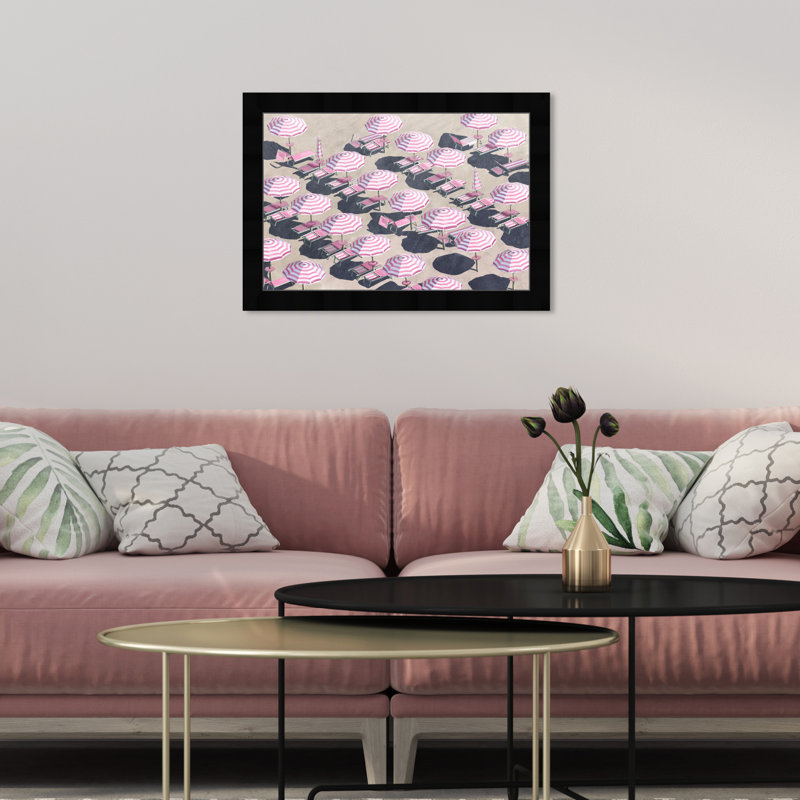 «Pink Umbrella Parade», Glam Beach Parasols Coastal White - impression encadrée, Cadre noir, L 15 po x H 10 po