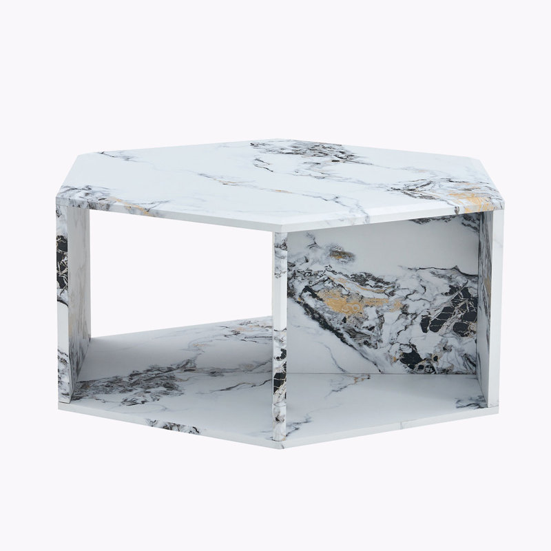 Stylish Hexagonal Coffee Table With Characteristic Pattern Stickers And Multi-Hole Design, Wood, White