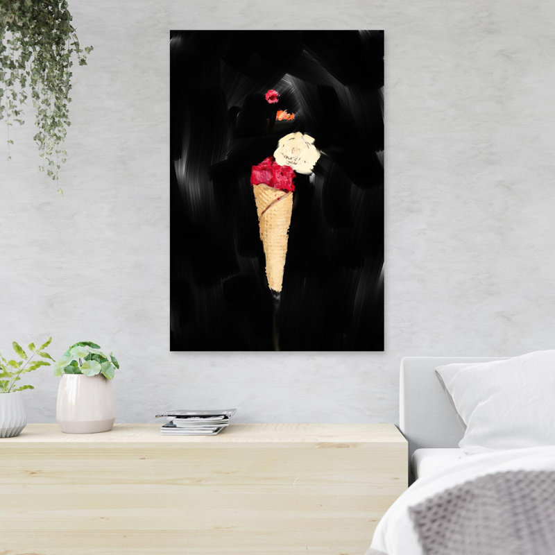 Cône de crème glacée avec crème glacée rouge et blanche - 1 pièce, reproduction d'art graphique sur toile tendue