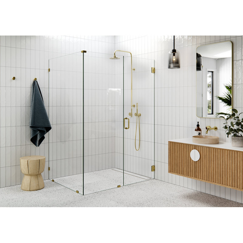 Illume 57 in. x 44.5 in. x 78 in. 90-degree Fully Frameless Wall Hinged Glass Shower Enclosure, Polished Brass