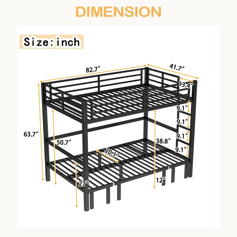 Twin XL Over Twin XL Size Pull-Out Metal Bunk Bed, Lower Bunk Can Be Pulled Out In Three Sections, Top Bunk Equipped With Safety Rails