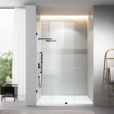 High Frameless Walk-In Fixed Glass Shower Panel With Clamps, 3/8 Inch Tempered Glass For Modern Bathrooms