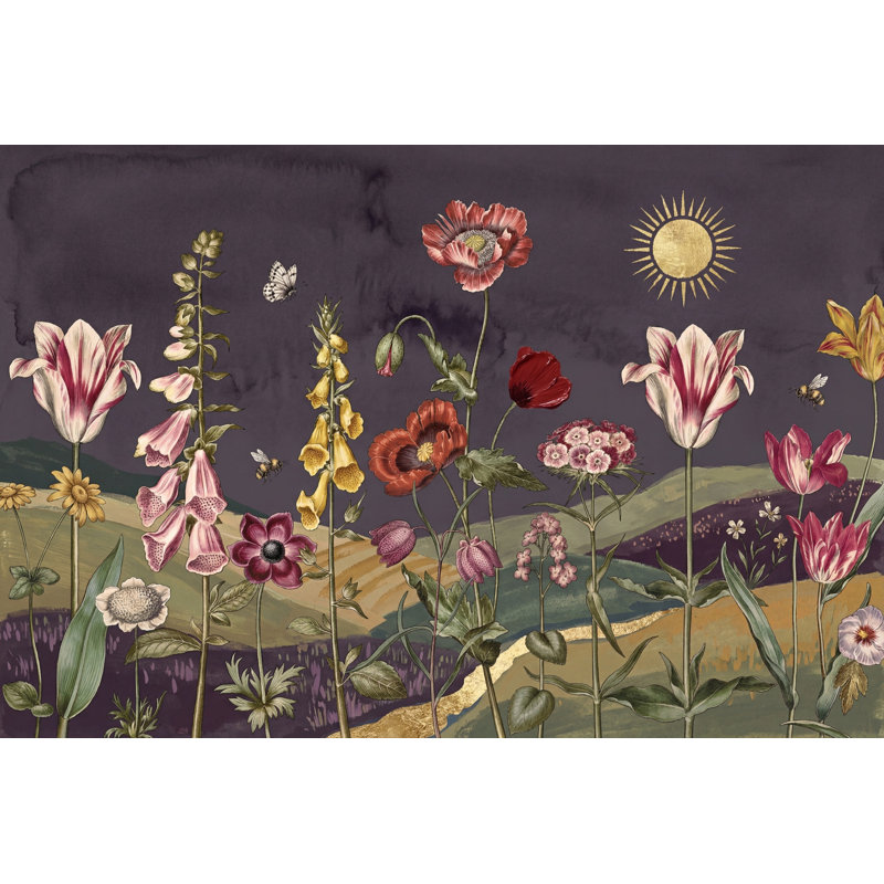 Papier peint floral foncé Moody Botanical Wildflower, 160 po x 108 po, Non tissé