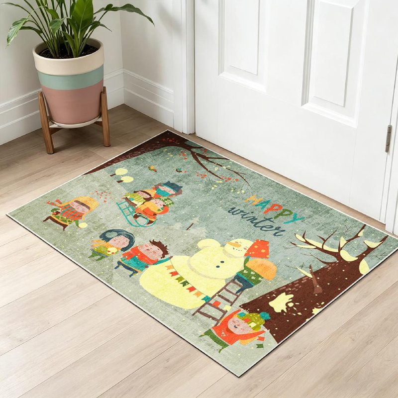 Tapis d'intérieur blanc lavable à la machine, motif de jeux d'hiver et Noël pour enfants, Rectangle 32 po x 47 po