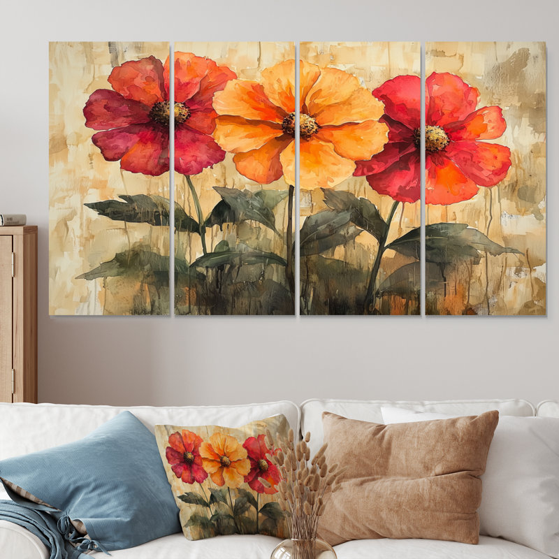 Autenberry - art mural Zinnias - décoration murale traditionnelle 4 pièces, H 28 po x l 48 po