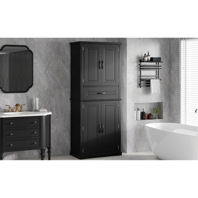 Bathroom Black Storage Cabinet With Adjustable Shelf, Drawer, And - Tipping, Painted Finish