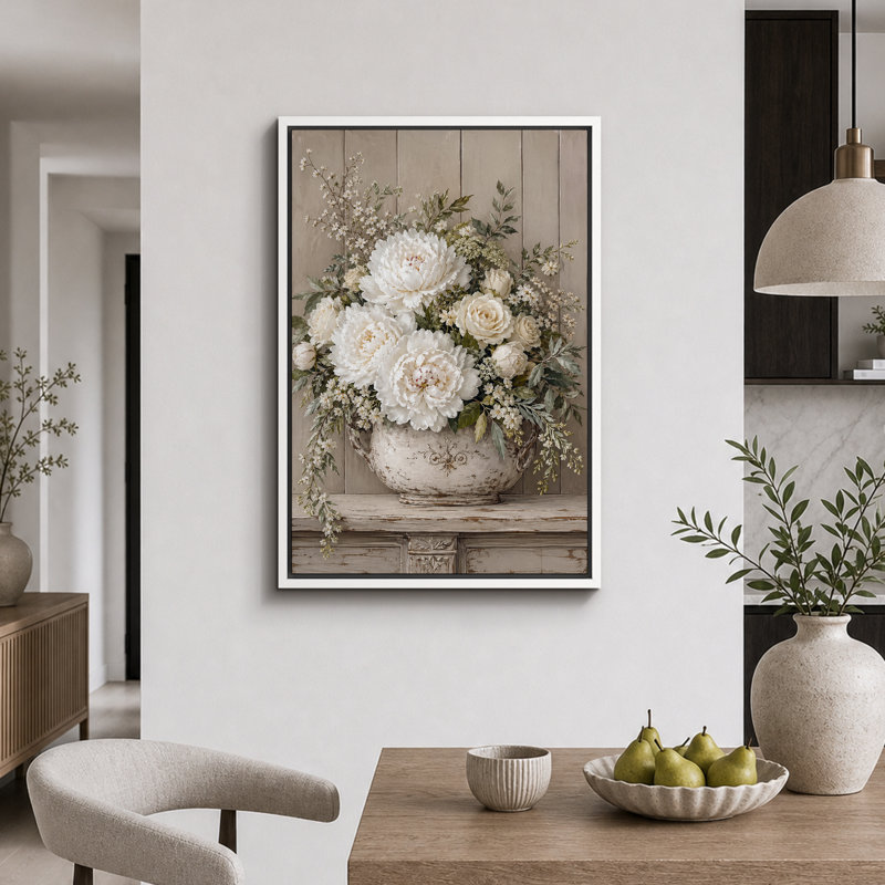 Œuvre crème pivoine crème dans une urne rustique, images de chambre à coucher, impression sur toile encadrée, White Frame