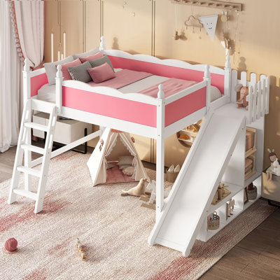 Full Solid Wood Loft Bed with Slide, Ladders & Storage Shelves, Cabinet, Pink & White Kids Loft Bed, No Box Spring