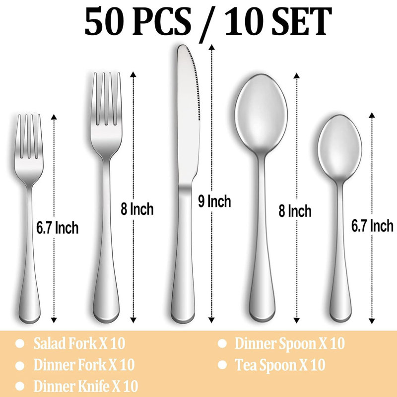 50 Piece Silverware Set Service for 10, Mirror Polished Cutlery Utensil Set