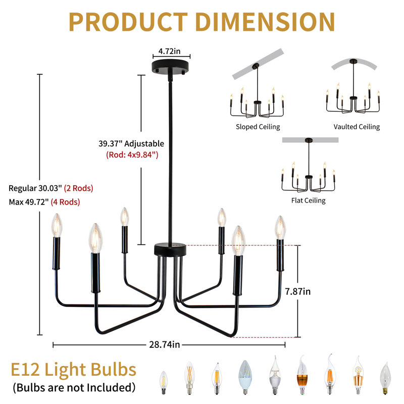 6- Light Dimmable Traditional Chandelier, Matte Black