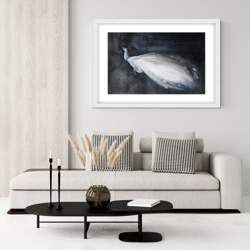 Nature Inspired Portrait Of A White Peacock On Black Background, 16" H x 20" W