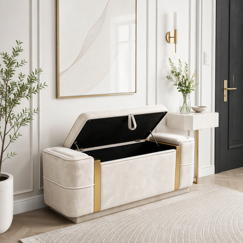 Banc de rangement moderne avec repose-pieds en velours et détails en métal doré, Beige