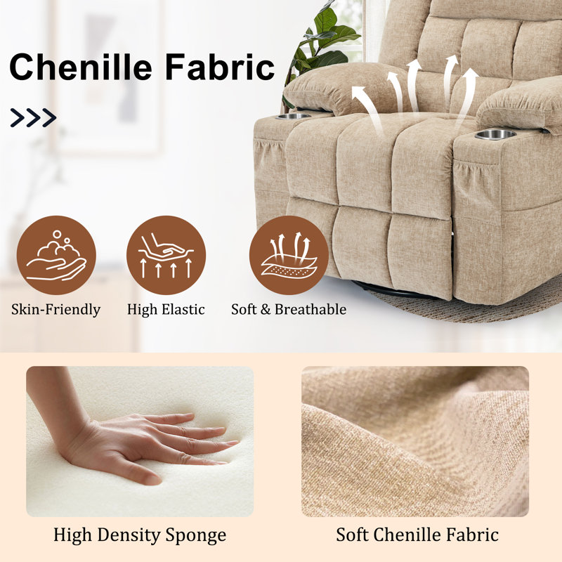 360° Swivel Rocker Recliner for Adults, Recliner Chair with Massage and Heating, Rocking Chair with Cup Holder, Manual Recliner Chair for Living Room, Bedroom