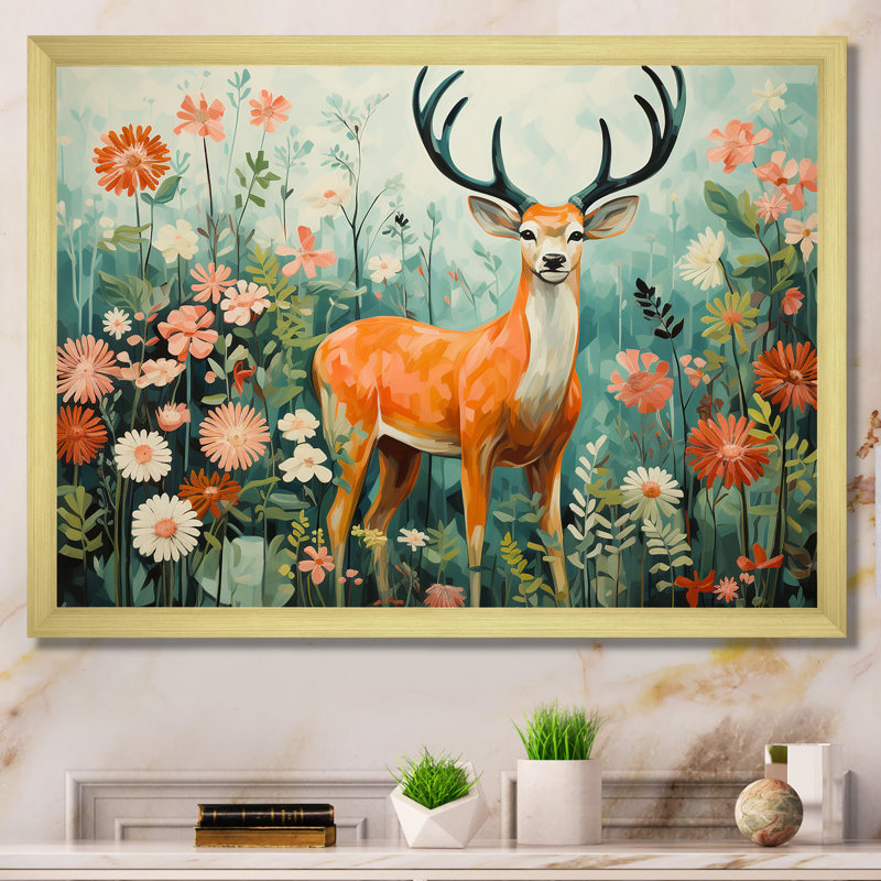 «Green Flower Deer In Wildlife Meadows I», art mural animal cerf, Cadre doré à coins fermés, H 12 po x l 20 po x P 1 po