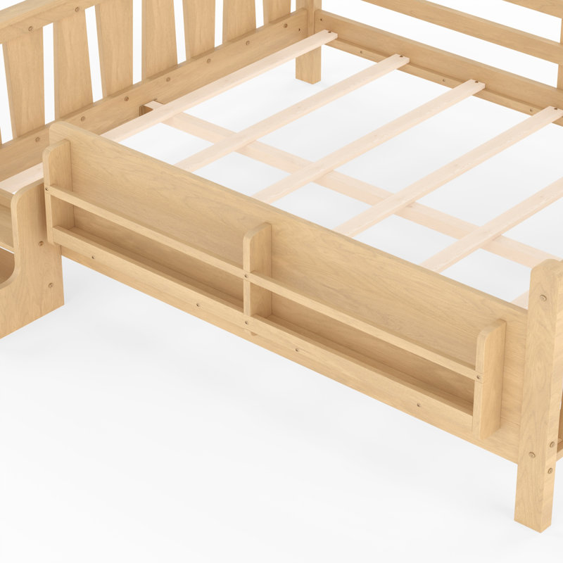 Kids Queen Solid Wood Floor Bed with Bookcases, Cute Stairs and Guardrails, Queen, Light Natural