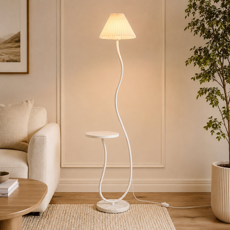 Creamy Pleated Marble Floor Lamp With Tray And 3-color Light For Reading