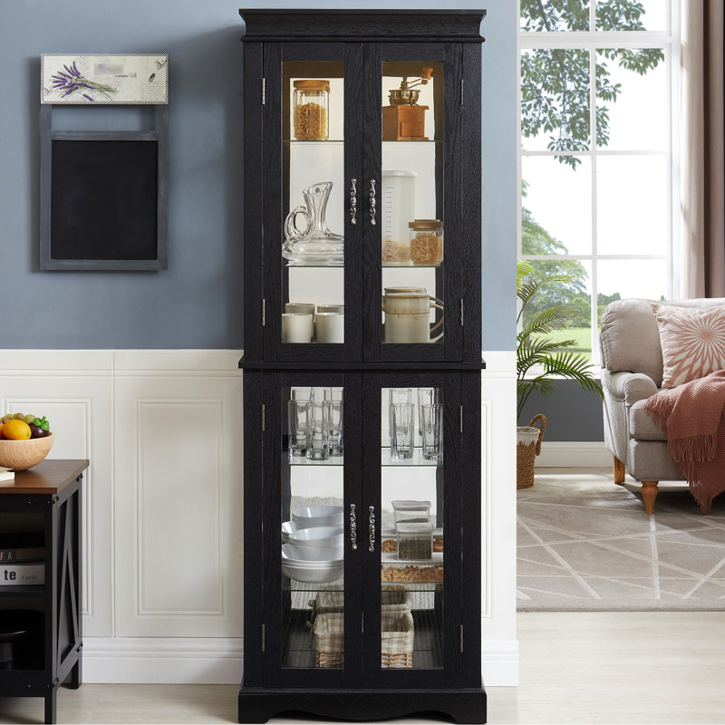 Vitrine en bois avec cadre en bois avec éclairage ambiant intégré, disposition à six niveaux, tablettes réglables pour le vin et les espaces de vie, tablettes avec éclairage noir, idéal pour la présentation,