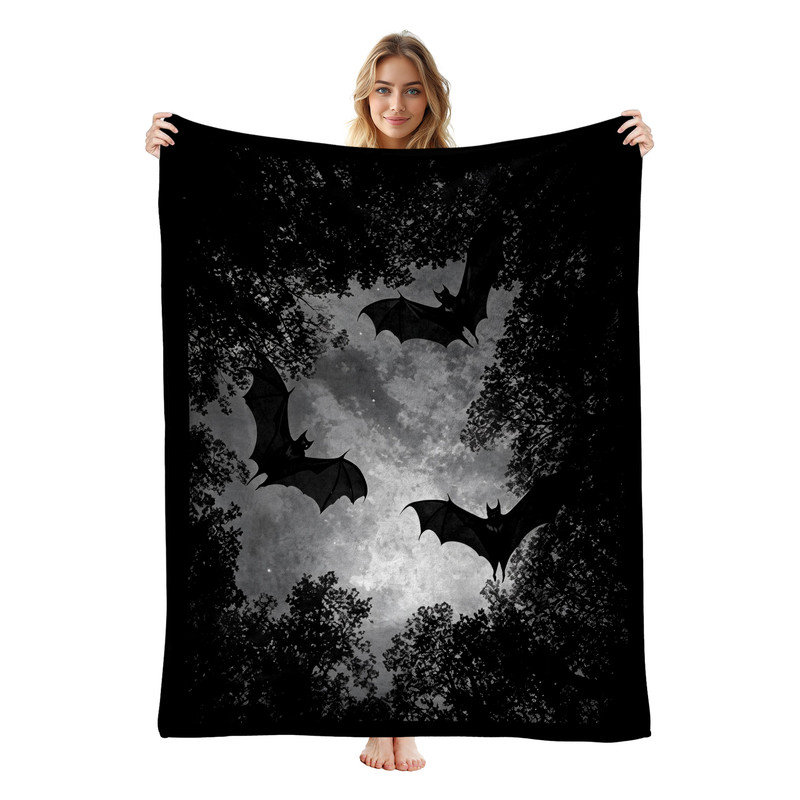 Plaid en flanelle polaire JYK Halloween, léger, respirant, doux et chaud en microfibre pelucheuse, 102 x 127 cm, motif silhouette de chauves-souris en forêt