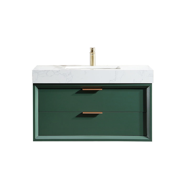 Meuble-lavabo mural en bois flottant avec plateau en acrylique blanc, Vert, 36"