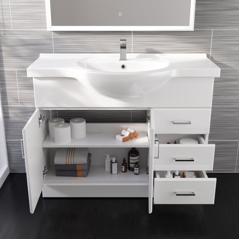 iBathUK 1050mm White Gloss Basin Vanity Unit Sink Cabinet Bathroom Drawer Storage Furniture