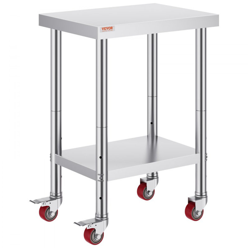 Table de travail en acier inoxydable 36 x 24 pouces avec 4 roues, H 24 po x l 18 po x P 34 po