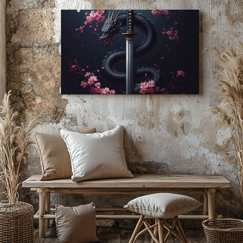 Dragon et fleur de cerisier Katana, H 20 po x l 20 po