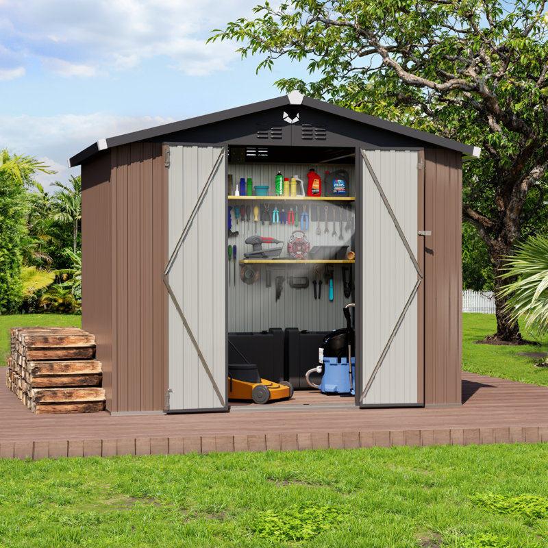 8 Ft. W x 6 Ft. D Galvanized Steel Frame Metal Storage Shed with Dual Lighting (Solar & Handheld) - Brown, Brown