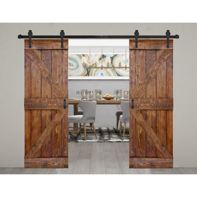 Porte de grange coulissante double en bois massif de style K avec ensemble de quincaillerie - Assemblage requis