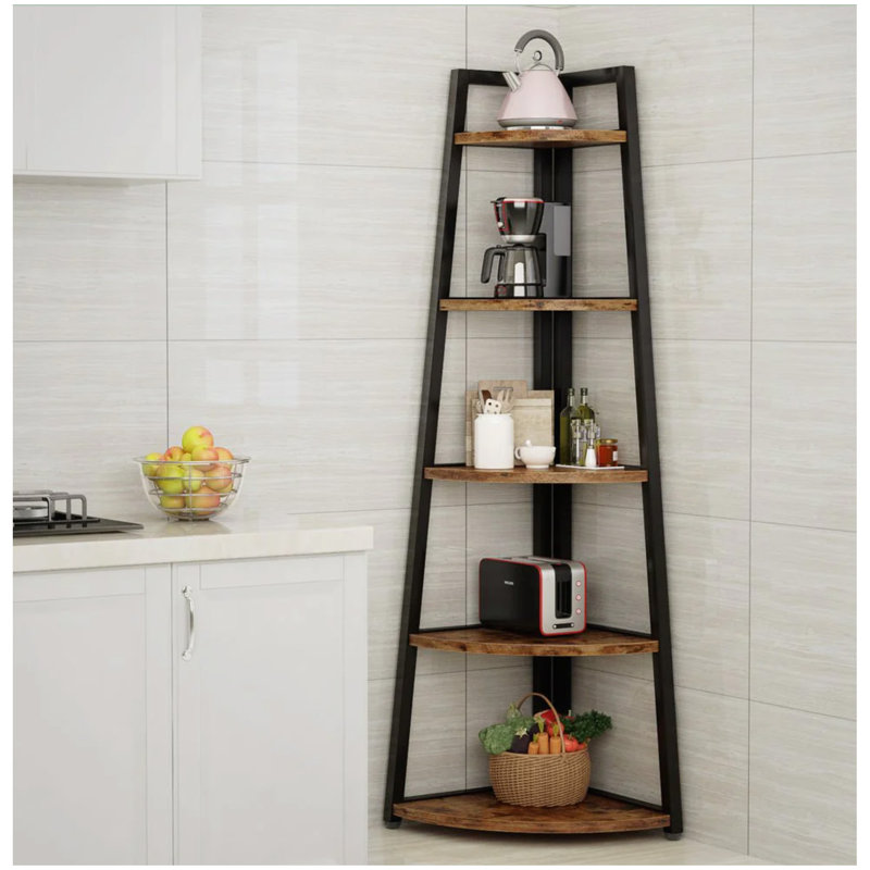 Étagère de coin 70,07 po de hauteur, 5 niveaux, bibliothèque rustique brune, coin, échelle industrielle, support pour plante, salon, cuisine, bureau à domicile
