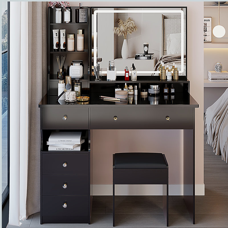 41" Large Size Left Drawer Desktop Vanity Table+Cushioned Stool, Extra Large Touch Control LED Mirror, 3-color Switch, Multi Layer High Capacity Storage Fashionable Dresser, Suitable For Large Space