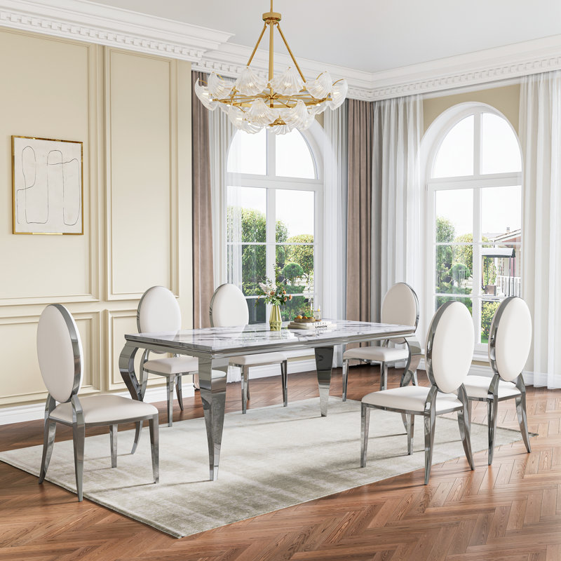 Faux Marble Top Metal Base Dining Table Set, Silver, White/Silver, 7 Pieces: Table, 6 Chairs