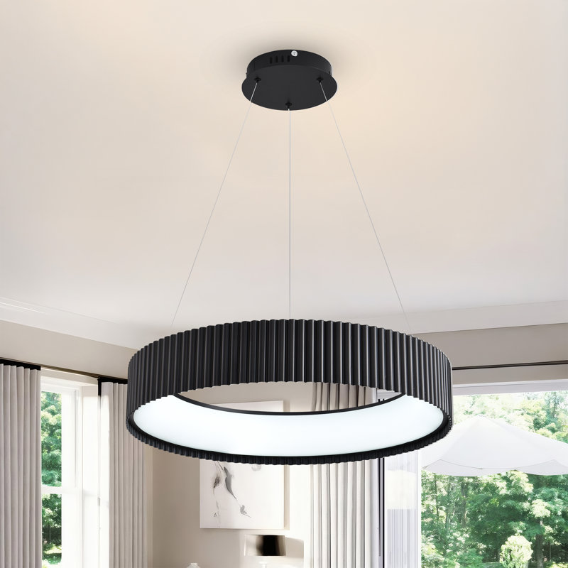 Lustre noir moderne de 23 pouces avec abat-jour tambour en acrylique, luminaire suspendu rond pour salle à manger contemporaine, éclairage d'îlot de cuisine