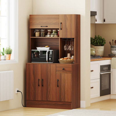 66" Pantry Cabinet Tall Kitchen Storage Cabinet with Charging Station Brown