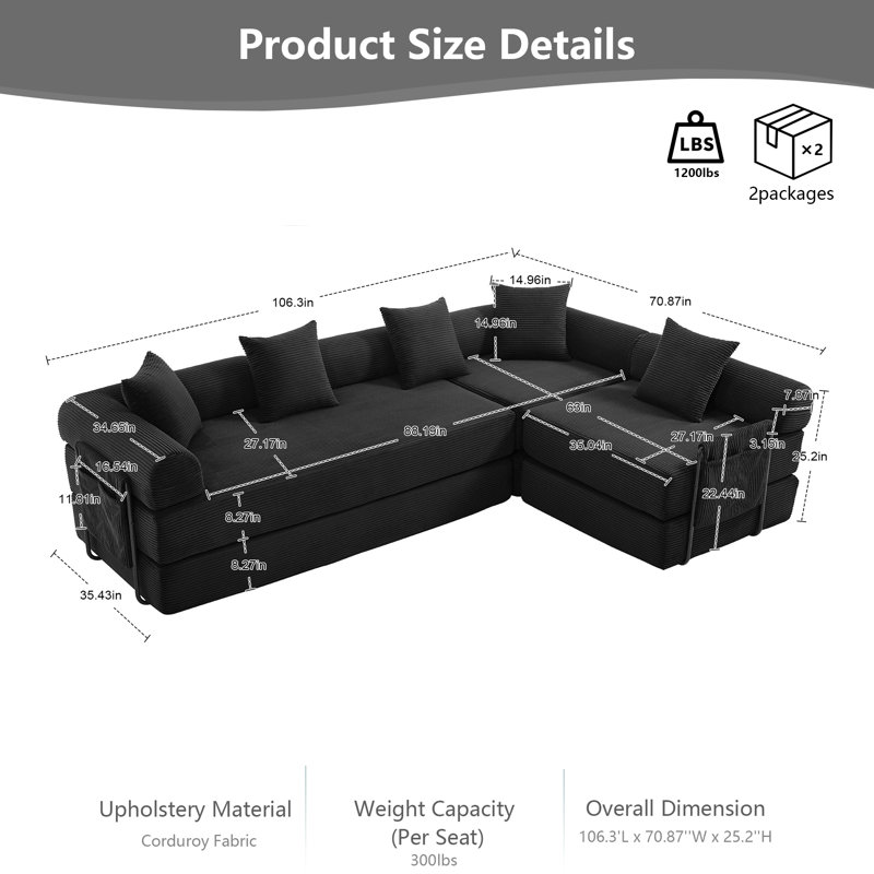 Convertible Folding L-Shaped Boneless Sectional Sofa Bed, Cloud Corduroy Fabric Sleeper with Memory Foam Mattress, 6 Configurations for Living Room, No Assembly Required
