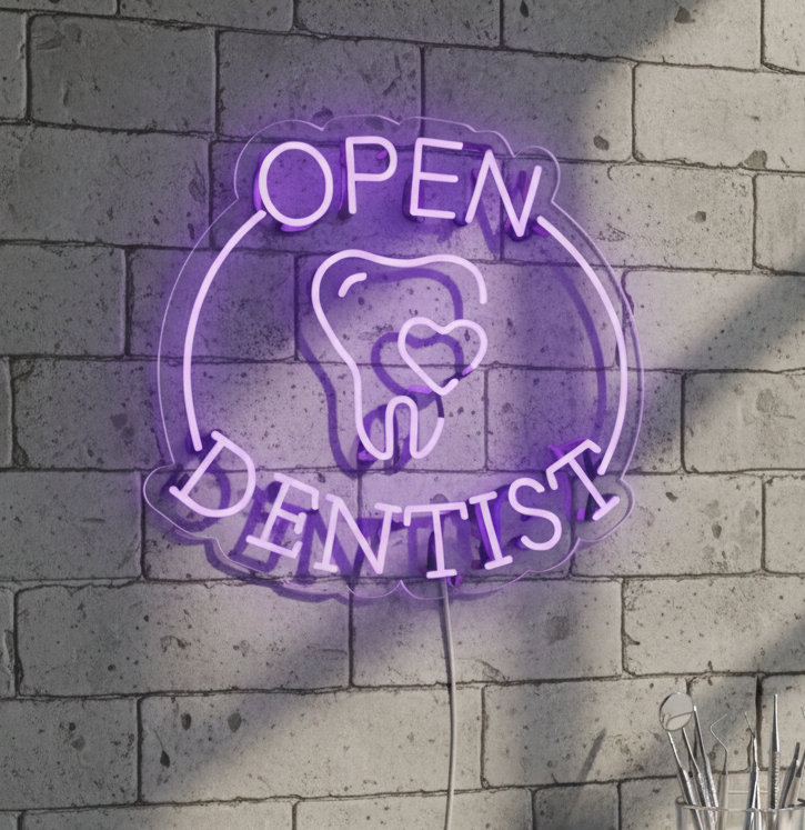  | Enseigne néon Open Dentist | Fabriqué avec un tube néon flexible durable qui émet une lumière brillante et uniforme pendant plus de 50 000 heures sans gradation ni scintillement | 23 x 24 | Mauve clair