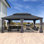 Pavillon de jardin permanent en aluminium 14 po x 20 po avec toit double en acier galvanisé pour terrasse et jardin, rideaux et filet inclus, gris