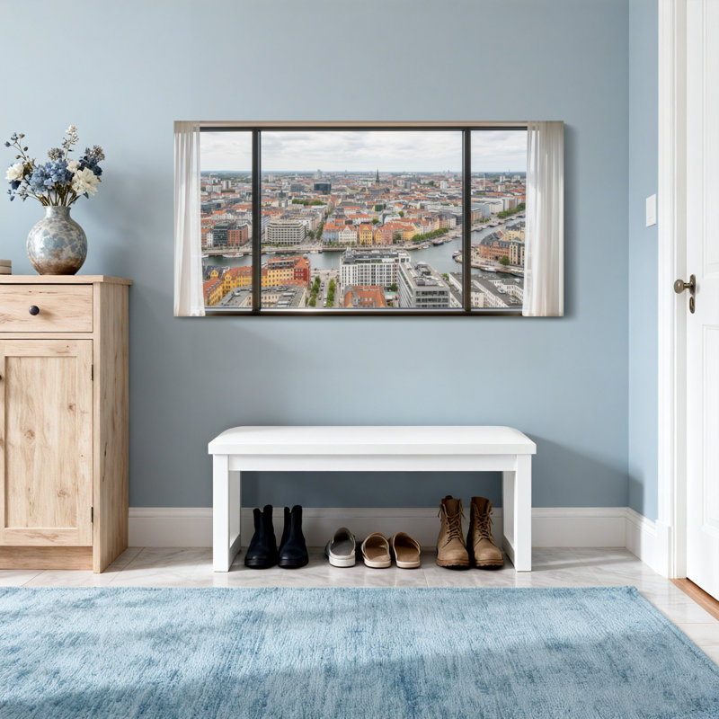 Vue de paysage urbain à travers un cadre de fenêtre Z251225161612195195, H 20 po x l 40 po