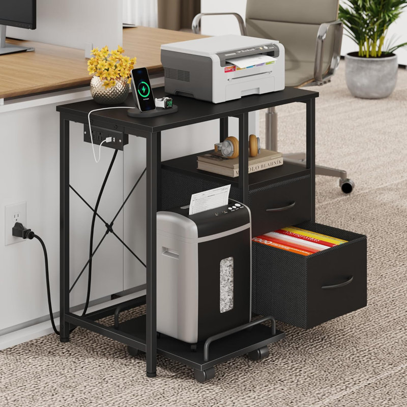Printer Stand With Power Outlet And USB Ports, Rolling Shredder Stand With Fabric Drawers And Storage Shelf, Sturdy Home Office Printer Table With Multi-Functional Design