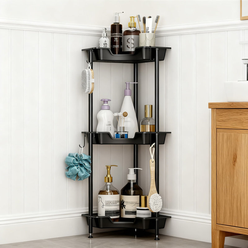 Rust-Proof 3-Tier Corner Shower Caddy With Hooks - Space-Saving Bathroom Storage Organizer, Black