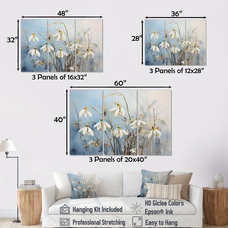 Blue and Gold Snowdrop Flower Simplicity - Ensemble de décorations murales Snowdrops, H 32 po x l 48 po x P 1 po